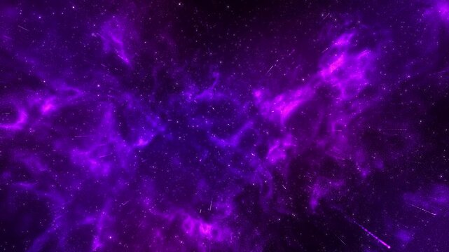 Animated purple nebula filled by glowing stars, cosmic clouds, streaking light trails creates deep space visual. footage suits sci-fi intros, galaxy themes, cosmos exploration, space travel scenes.