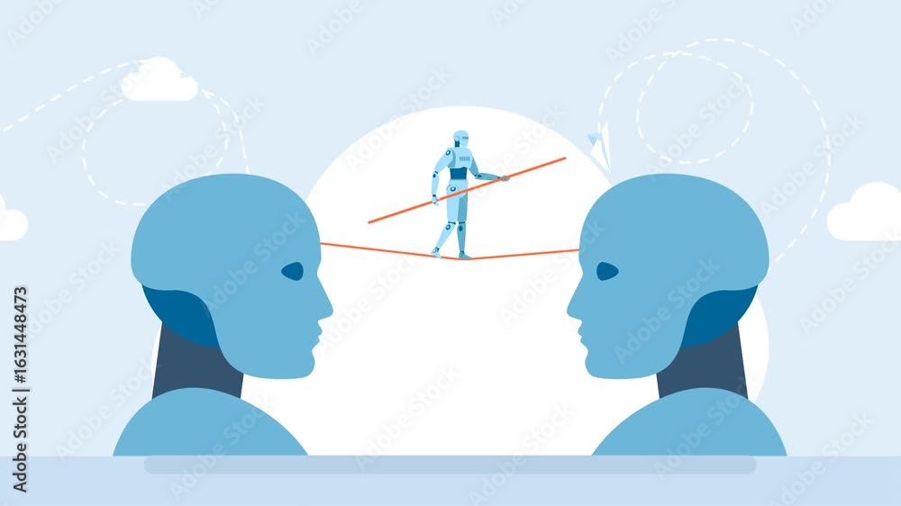 Poster balance between two robots with artificial intelligence. input data. two silhouettes of a robot head