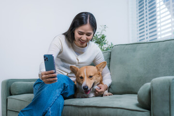 A cheerful Asian woman relaxes on her sofa with her playful corgi, using her smartphone to create...