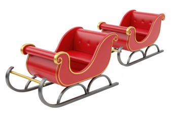 Two red santa sleighs with gold trim isolated on transparent background