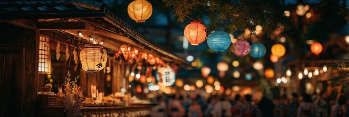 Japanese summer matsuri festival at night with colorful lanterns illuminating street food stalls