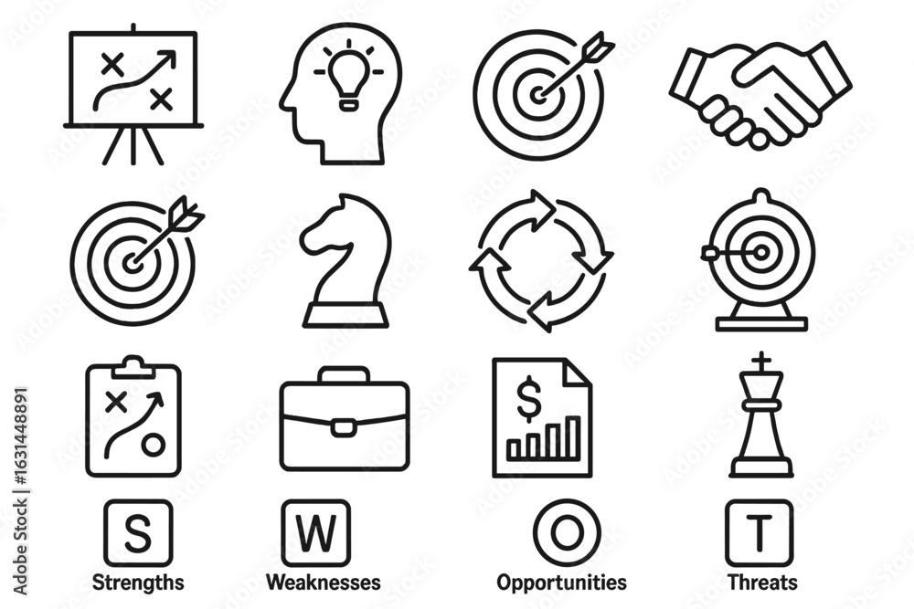 Poster flat outline business strategy icon set with swot analysis chess knight target arrow handshake cycle