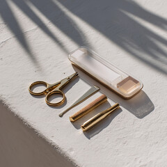 Hygiene set displayed on a white table featuring scissors, a file, and additional clean tools for personal care