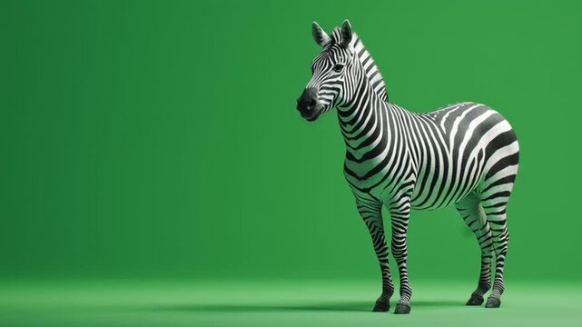 A zebra standing in front of a green screen looking to the left in a studio setting green screen animal video
