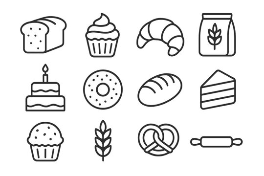 Linear bakery and pastry icon set on transparent background – sliced bread, cupcake, croissant, flour bag, birthday cake, donut, baguette, cake slice, muffin, wheat ear, pretzel, rolling pin
