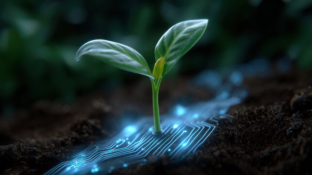 Young plant sprouting from soil with glowing digital circuit pattern symbolizing technology and growth innovation