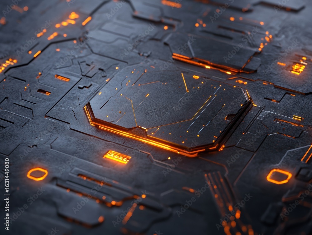 Poster complex circuit board pattern with glowing orange lines creates an abstract digital landscape