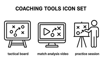 Coaching tools outline icon set with tactical board, match analysis video screen, practice session trainer on flipchart, sports strategy education, training plan presentation, digital analysis concept