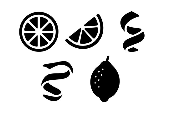 Solid black citrus garnish icon set – lemon wheel slice, lime wedge, orange spiral twist peel, grapefruit rind curl, whole citron fruit silhouette vector illustration for cocktail bar menus