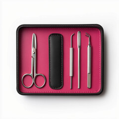 Hygiene set displayed on a white table featuring scissors, a file, and cleaning tools for effective personal care and sanitation