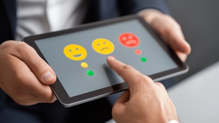 Customer Feedback Survey on Tablet: Man's Finger Tapping Neutral Emotion Icon for Business Satisfaction Rating