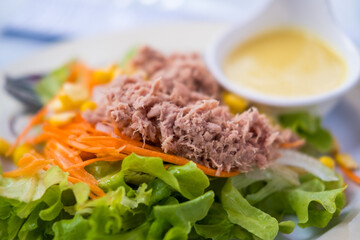 Close up of fresh lettuce salad topped with tuna