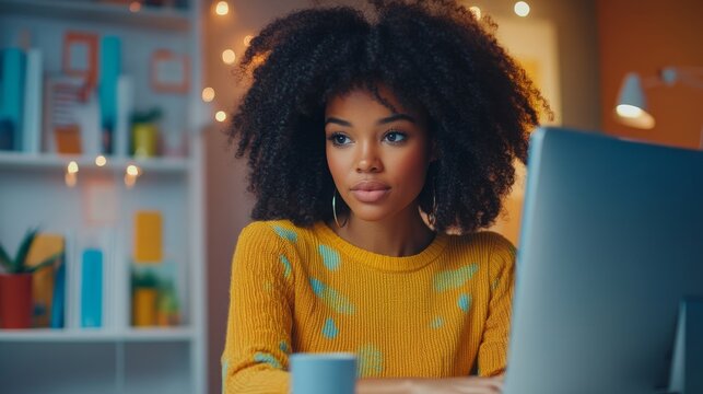 Happy Black woman using a desktop computer in a creative tech company. She is analysing data and solving problems as a project manager in a digital agency, focusing on social media, Generative AI