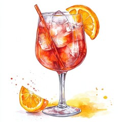 Campari Spritz watercolor illustration with orange slice and ice cubes in wine glass. Vibrant hand-painted cocktail art for summer recipes, bar decor and beverage design projects