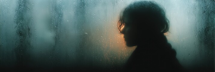 Fototapeta premium Silhouette of person reflecting behind wet window with condensation