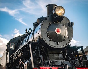 Naklejka premium Close-up of a vintage steam locomotive's front, under a partly cloudy sky
