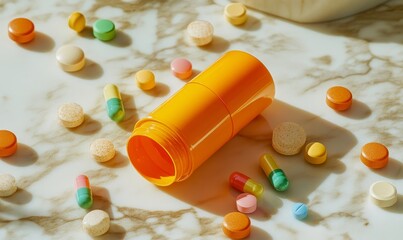 Healthcare top-down image of an opened orange pill bottle, with colourful prescription pills on a table. The image promotes wellness and healthcare awareness, emphasizing mental, Generative AI