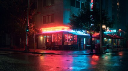 Urban Nightlife Neon. Neon-lit street photography capturing nightlife and city vibrance, blending moody aesthetics with a bold color palette.