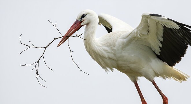 Cigogne blanche transportant branche seche lumiere douce matinale. AI Generated
