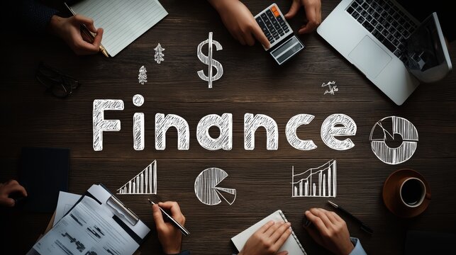 Overhead View of Finance Meeting with Sketch Illustrations on Wooden Table, Business Planning, Financial Analysis, and Team Collaboration