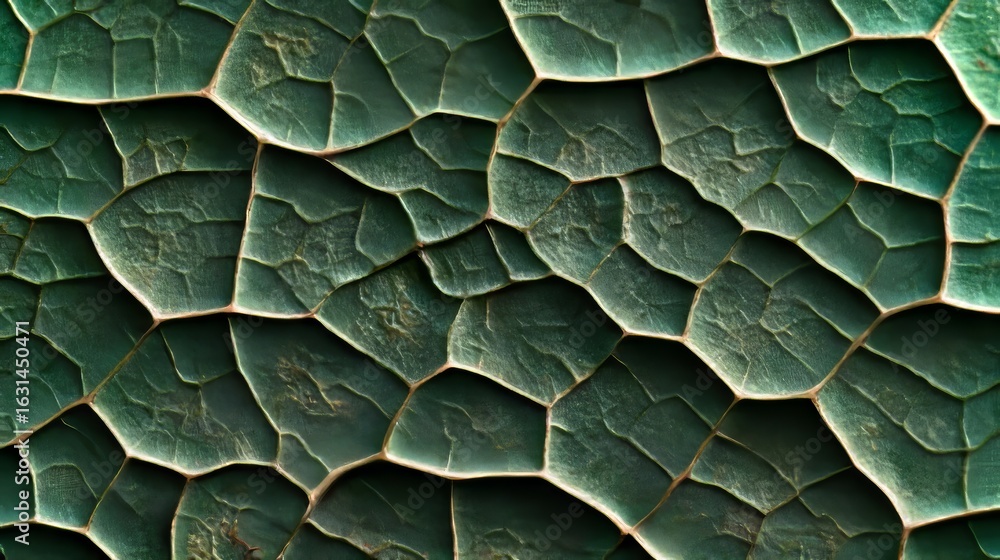 Poster Close Up Image of a Green Leaf Displaying Intricate Cell Like Surface Patterns for Nature Background