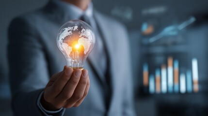 Businessman Holding Light Bulb with World Map and Glowing Filament, Representing Global Business Ideas and Technological Innovation with Data Visualization