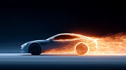White sports car speeding on a night road with flames surrounding it