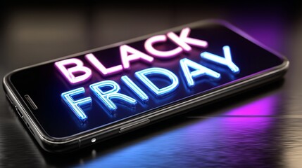 Smartphone displaying black friday neon sign, indicating online shopping deals and discounts for the biggest shopping event