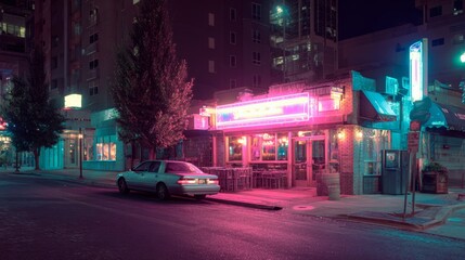Urban Nightlife Neon. Neon-lit street photography capturing nightlife and city vibrance, blending moody aesthetics with a bold color palette.