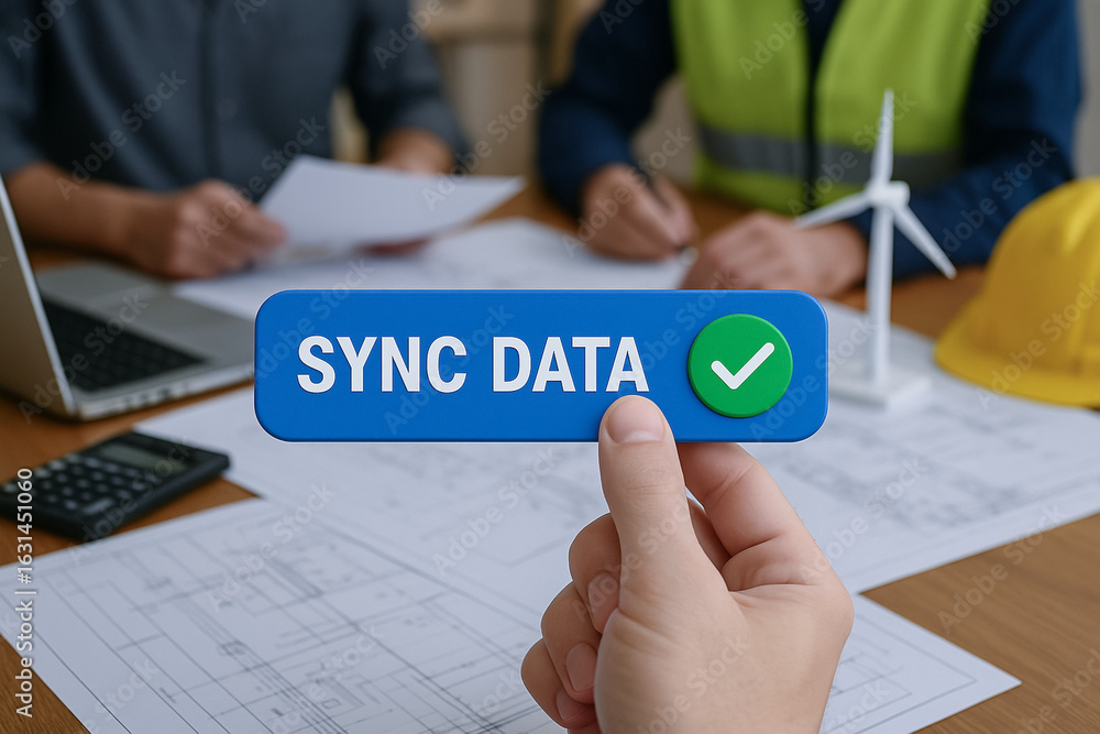 Poster sync data concept in energy sector with engineering work and teamwork for sustainable power and wind