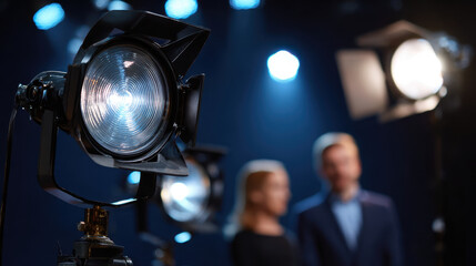 Professional studio spotlight with blurred people in background creating dramatic lighting effect in dark room