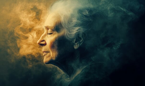 Abstract image representing a senior woman suffering from loneliness due to dementia, Alzheimers disease, and other mental disorders. The illustration conveys the emotional, Generative AI