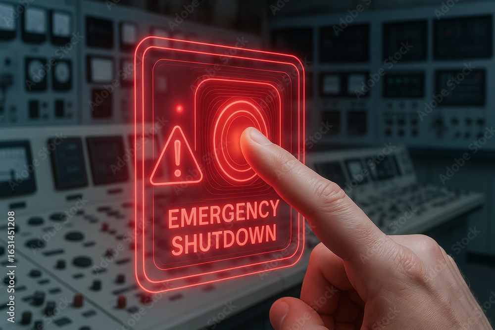 Aufkleber emergency shutdown button being pressed in control room representing critical work in energy sector 