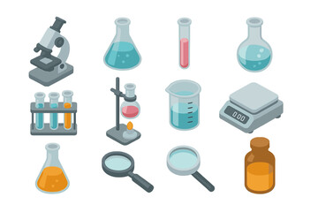 Isometric laboratory equipment icons set with microscope, flasks, test tubes, beaker, Bunsen burner, digital scale, magnifying glass, brown reagent bottle, transparent background vector illustration
