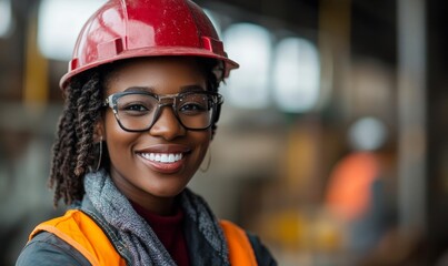 Smiling Black African American female construction builder, actively working on an apprenticeship training course. The image highlights the importance of inclusivity in trade industries, Generative AI