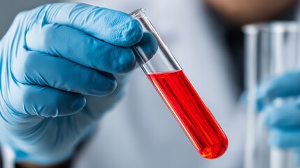 Close-up of Scientist's Hand Holding Test Tube with Red Liquid, Medical Research and Scientific Experiment in Laboratory, Wearing Blue Gloves