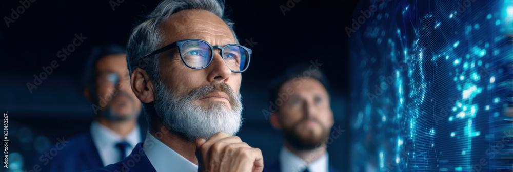 Poster a thoughtful man in glasses observes digital data displays, representing technology and analytical t