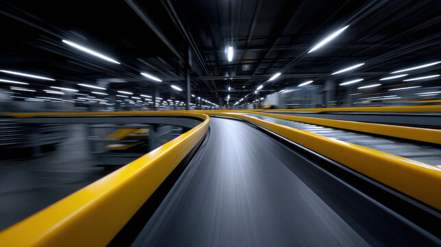 Conveyor belt system in large industrial warehouse with yellow rails and motion blur creating dynamic effect