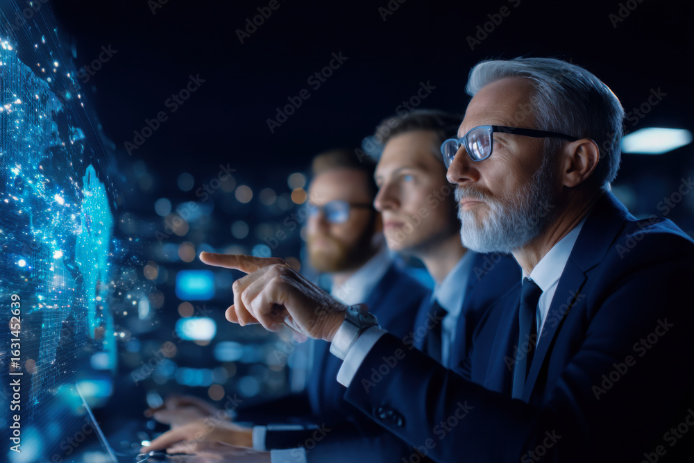 Poster a group of professionals analyzing data on holographic screens in a high-tech environment, showcasin