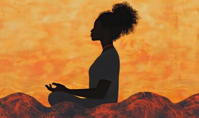 Abstract illustration of a Black African American woman meditating, practising self-love, mindfulness, and well-being, set against a background of psychic waves. This image represents, Generative AI