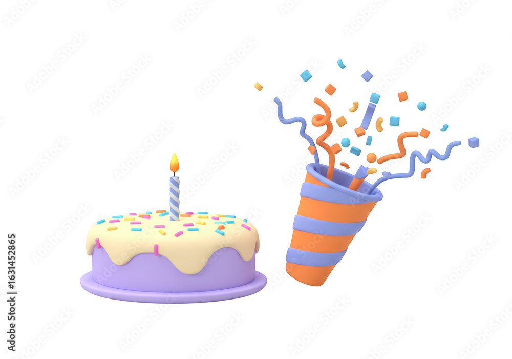 Poster birthday cake with candle and party popper exploding confetti isolated on transparent background