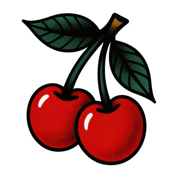 PNG Vibrant cherries with green leaves.