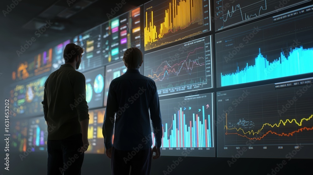Poster two data analysts examining real-time financial market data on multiple screens in a dark control ro