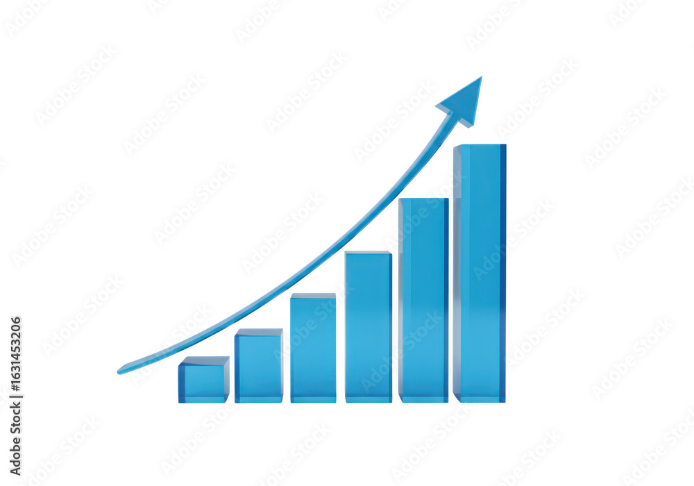 Poster blue bar graph with upward arrow showing business growth isolated on transparent background