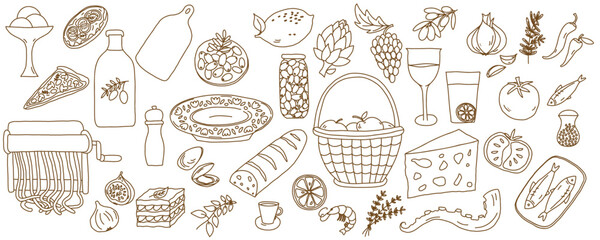 Hand Drawn Mediterranean Food and Drink Sketch Illustration Set