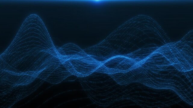 Flowing wave motion made of glowing digital dots forms futuristic plexus network surface. animation enhances AI, big data, connectivity, science, motion tech, innovation, cyberspace.