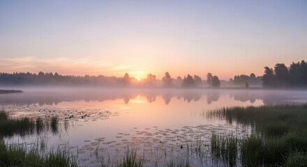 Fototapeta premium Golden sunrise over a misty lake, reflecting a serene forest and water lilies at dawn.