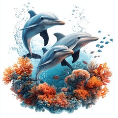 Dolphins playfully swimming through vibrant coral reefs in an underwater paradise