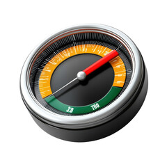 Shiny gauge with a red needle indicating high performance, a symbol of measurement, control on transparent background