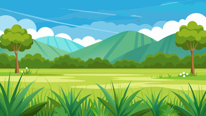 Obraz premium Vector art of idyllic countryside scene featuring rolling green hills, a vibrant meadow, and two solitary trees under a clear blue sky with scattered clouds
